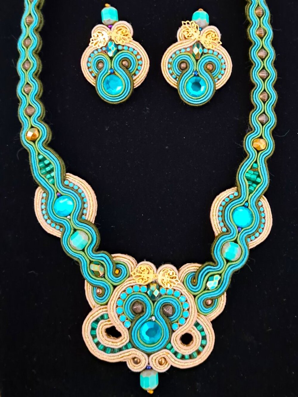 BEAUTIFUL DORI CSENGERI FIBER TEXTILE ART NECKLACE & EARRINGS SET TURQUOISE